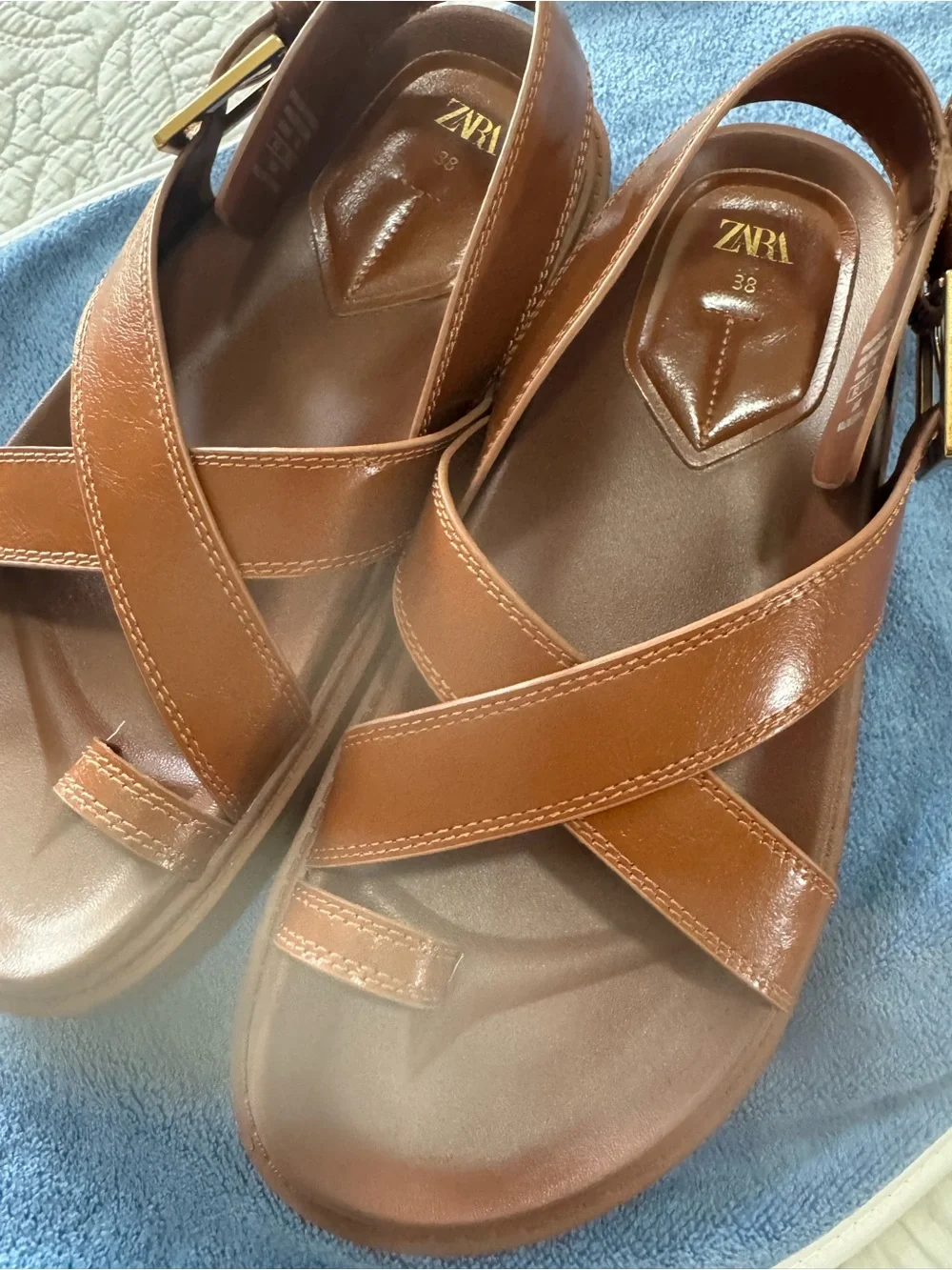Zara Brown Crisscross Leather Women’s Sandals with Gold Buckle - Picture 5 of 5